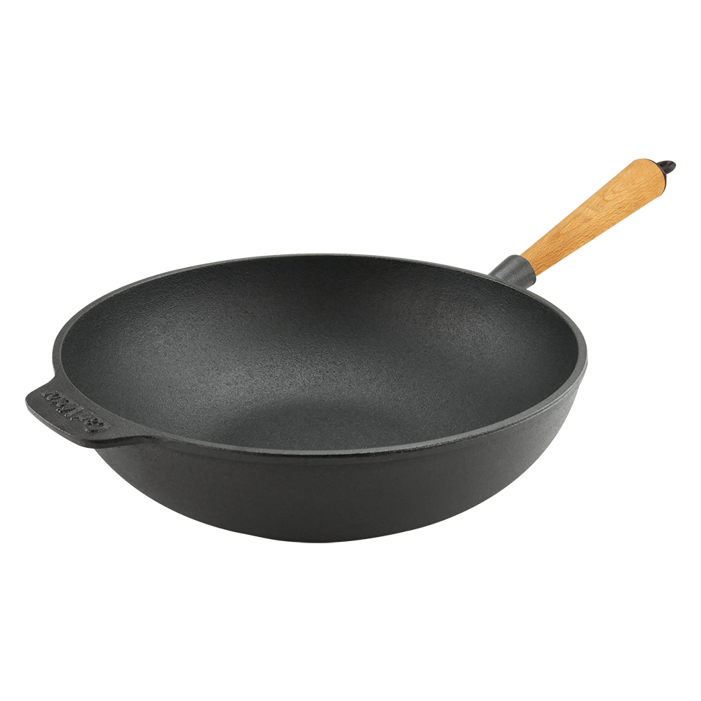 Suitable for All Hobs Including Induction Carl Victor 30 cm Pre-Seasoned Cast Iron Wok Pan with Wooden Handle 